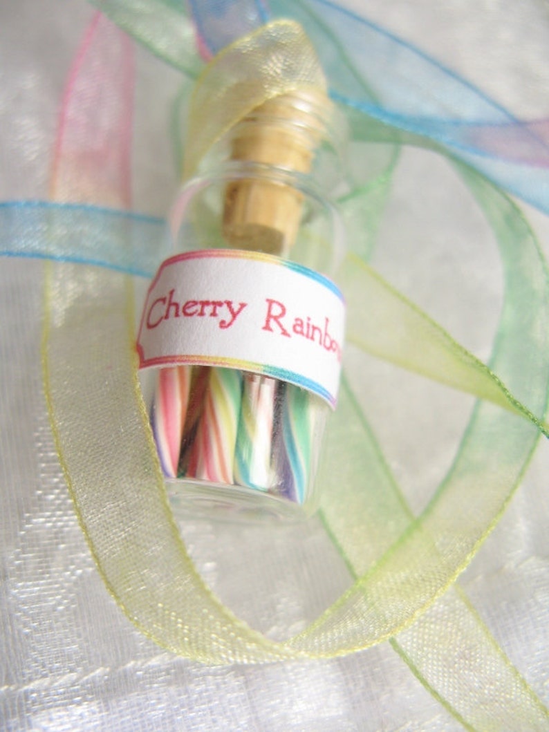 Pastel Rainbow Candy Jar Necklace Cherry Rainbow Miniature Glass Bottle with Rainbow Organza Ribbon image 7