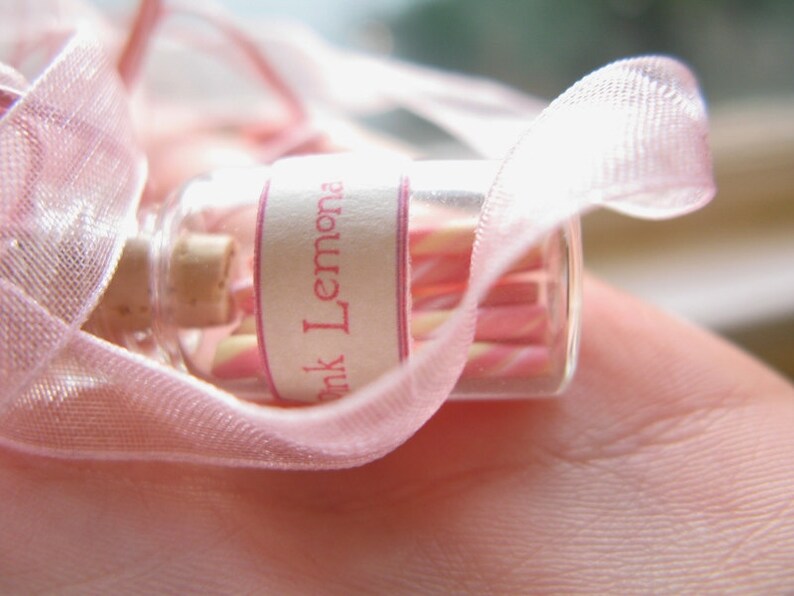 Pink Lemonade Candy Jar Necklace Pink White Yellow Swirl Miniature Glass Bottle Jewelry image 4
