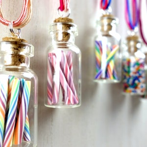 Pastel Rainbow Candy Jar Necklace Cherry Rainbow Miniature Glass Bottle with Rainbow Organza Ribbon image 5
