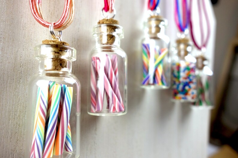 Pastel Rainbow Candy Jar Necklace Cherry Rainbow Miniature Glass Bottle with Rainbow Organza Ribbon image 5