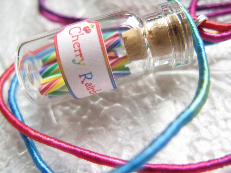 Rainbow Candy Jar Necklace Cherry Rainbow Swirl Candy Sticks Miniature Bottle Jewelry image 5