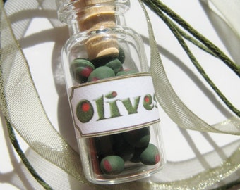 Olive Jar Necklace - Handmade Miniature Glass Food Jar - Yummy