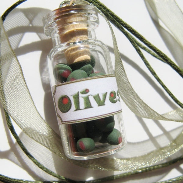 Olive Jar Necklace - Handmade Miniature Glass Food Jar - Yummy