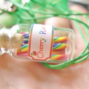 Rainbow Candy Jar Necklace Cherry Rainbow Swirl Candy Sticks Miniature Bottle Jewelry image 6