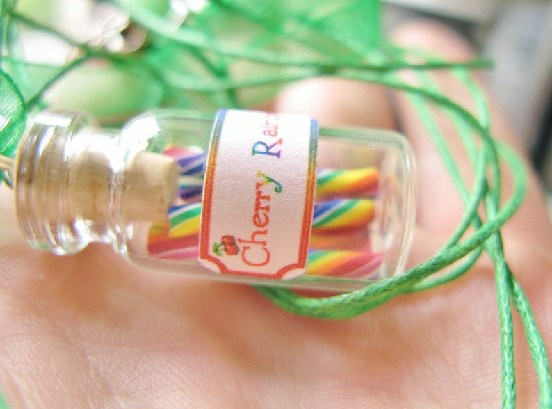 Rainbow Candy Jar Necklace Cherry Rainbow Swirl Candy Sticks Miniature Bottle Jewelry image 6