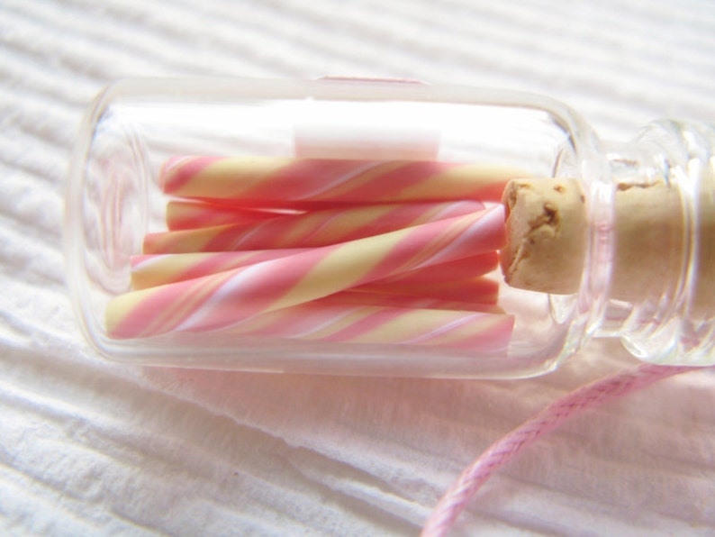 Pink Lemonade Candy Jar Necklace Pink White Yellow Swirl Miniature Glass Bottle Jewelry image 1