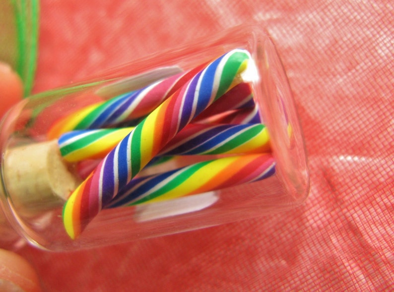 Rainbow Candy Jar Necklace Cherry Rainbow Swirl Candy Sticks Miniature Bottle image 3