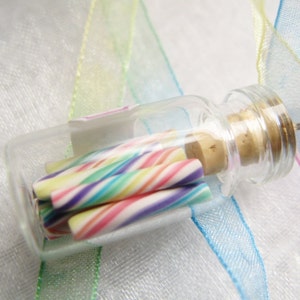 Pastel Rainbow Candy Jar Necklace Cherry Rainbow Miniature Glass Bottle with Rainbow Organza Ribbon image 3