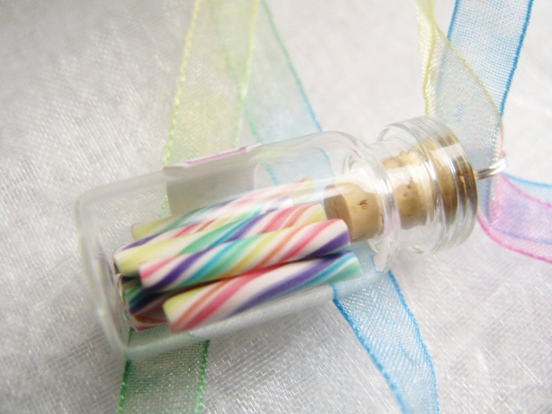 Pastel Rainbow Candy Jar Necklace Cherry Rainbow Miniature Glass Bottle with Rainbow Organza Ribbon image 3