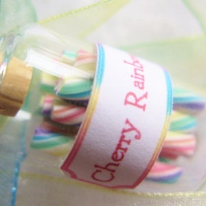 Pastel Rainbow Candy Jar Necklace Cherry Rainbow Miniature Glass Bottle with Rainbow Organza Ribbon image 2