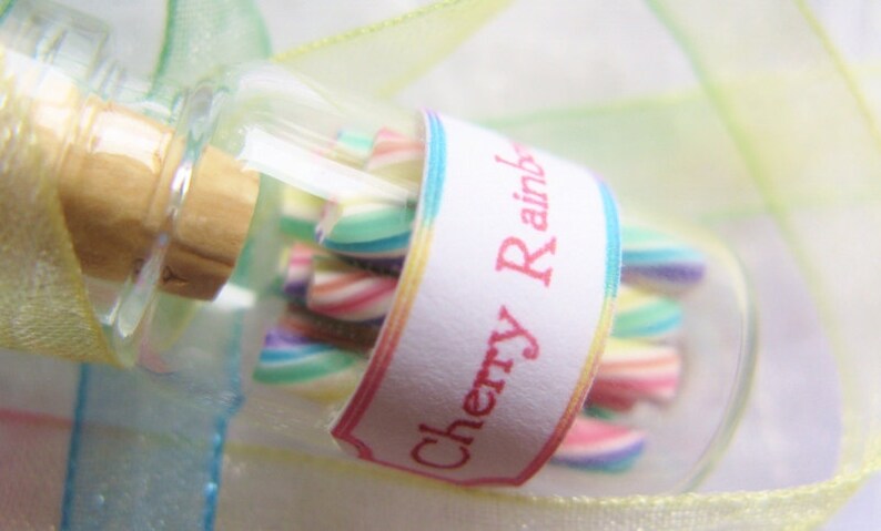 Pastel Rainbow Candy Jar Necklace Cherry Rainbow Miniature Glass Bottle with Rainbow Organza Ribbon image 2