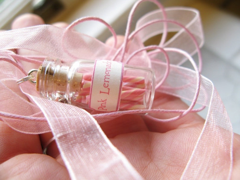 Pink Lemonade Candy Jar Necklace Pink White Yellow Swirl Miniature Glass Bottle Jewelry image 3