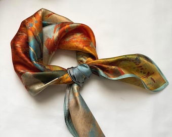 100% Mulberry Silk Scarf, Autumn Landscape Painting, Artistic Neckerchief, Elegant Bandana