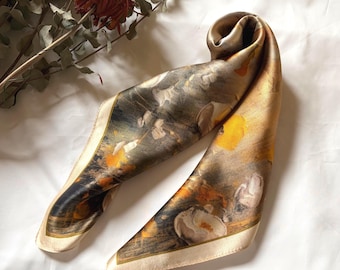 100% Mulberry Silk Scarf, Abstract Floral Hand Painted Style, Square Bandana