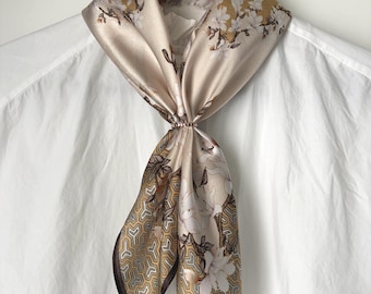 Floral Mulberry Silk Scarf | Gold Beige Head and Neck Scarf (53x53cm)