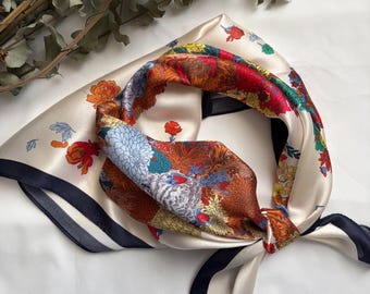 100% Mulberry Silk Scarf, Artistic Floral Horse Design, Elegant Neck Scarf Head Wrap