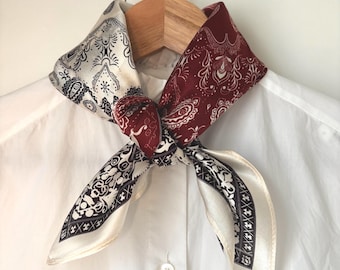 100% Mulberry Silk Square Scarf 53x53cm｜Paisley Vintage Scarf | Burgundy Bandana Style | Everyday outfit