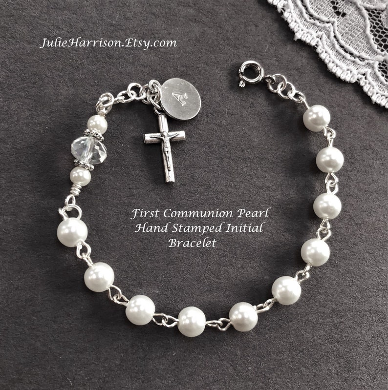 Pearl Communion Bracelet Personalized Hand Stamped Initial  image 0