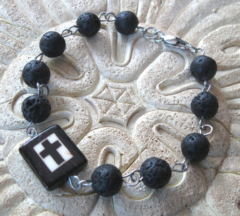MENS Lava Beads Cross Bracelet Rosary Bracelet Men image 0
