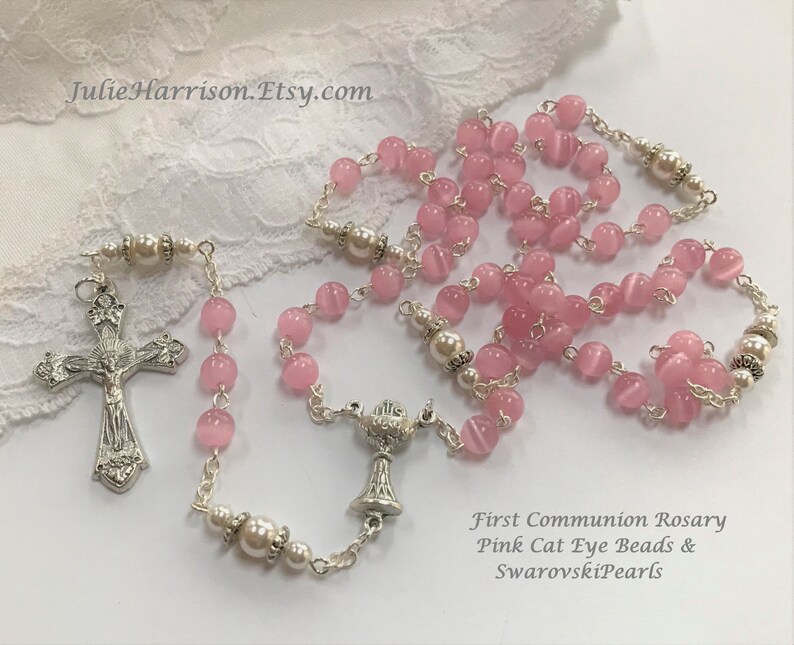 Pink Girls Communion Personalized Rosary Pink Cat Eye Custom image 0