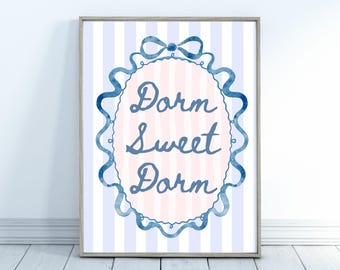 Decoración de pared imprimible para dormitorio / Decoración preppy rosa y azul para dormitorio / Regalo universitario Grandmillennial con lazo y rayas / Regalo de graduación