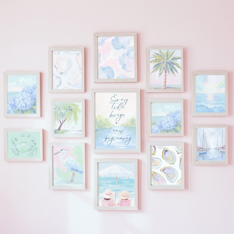 Pastel Beach Wall Art Set – Preppy Coastal Printable Gallery Wall – Grandmillennial Ocean Decor – Pink & Blue Summer Beach House Art image 12