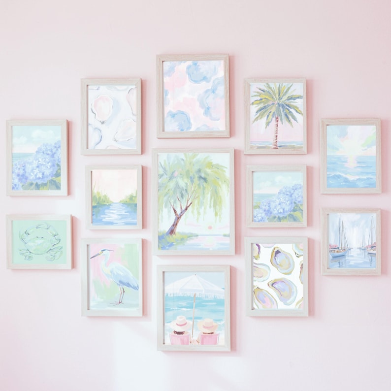 Pastel Beach Wall Art Set – Preppy Coastal Printable Gallery Wall – Grandmillennial Ocean Decor – Pink & Blue Summer Beach House Art image 2