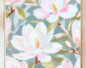 Cuadro decorativo de magnolias en tonos pastel estilo preppy / Estampado floral estilo preppy / Decoración cottagecore / Magnolias vintage / Lámina botánica cuadrada para imprimir / Decoración sureña