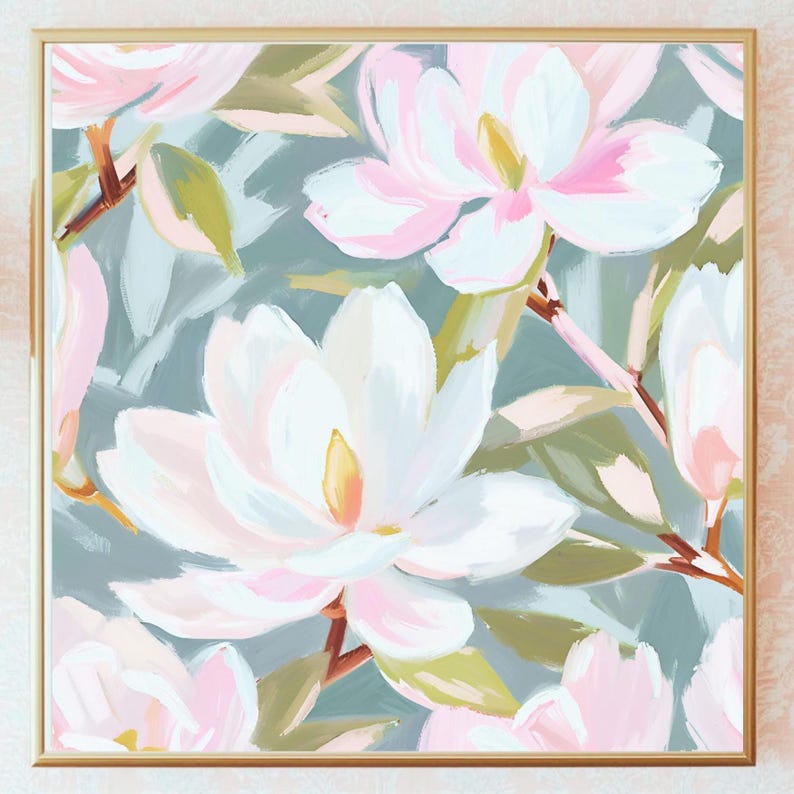 Preppy Pastell Magnolie Wandkunst | Adrette Blumendruck | Cottagecore Dekor | Vintage Magnolie / Botanisches Quadrat zum Ausdrucken / Südländische Dekoration Bild 1