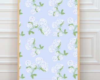 Arte de pared de hortensias azules Grandmillennial / Estampado floral preppy / Decoración clásica cottagecore / Arte para habitación de niña o guardería / Imprimible