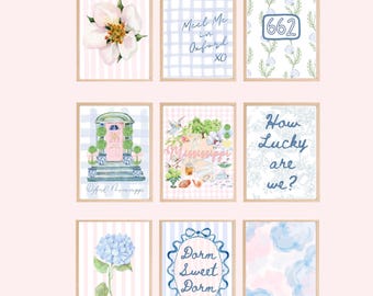 Juego de láminas decorativas para la residencia universitaria de Ole Miss / Juego de 9 láminas decorativas imprimibles en rosa y azul estilo preppy / Decoración para la habitación de la hermandad Grandmillennial / Regalo de graduación