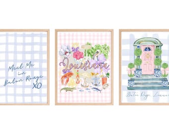 Juego de láminas imprimibles para la pared de la residencia universitaria de LSU / Galería de arte estilo Baton Rouge / Decoración para habitaciones universitarias / Láminas para residencias de hermandades / Regalo de graduación
