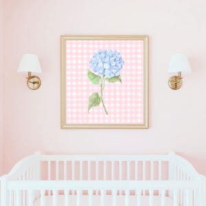 Grandmillennial Hydrangea Wall Art | Pink Gingham Floral Print | Preppy ...