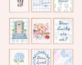 Conjunto de láminas imprimibles para pared de residencias universitarias de Alabama / Galería de arte estilo preppy de Tuscaloosa / Decoración universitaria en color carmesí / Láminas para habitaciones de hermandades / Regalo de graduación