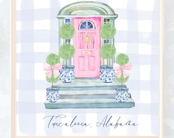 Arte de pared imprimible de estilo preppy de Tuscaloosa, Alabama / Acuarela de puerta rosa / Decoración para dormitorio universitario Grandmillennial / Descarga instantánea