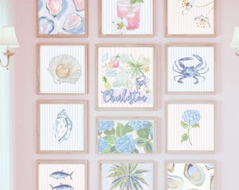 Charleston Wall Art Bundle Printable Set of 12, Preppy Coastal Grandmillennial Decor, Pink and Blue Southern Gallery Wall, Beach House