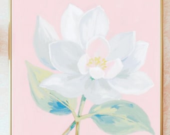 Arte mural botánico estilo preppy sureño JPG / Magnolia vintage Grandmillennial Decoración sureña con encanto / Cuadrado floral en tonos pastel imprimible
