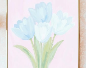 Südliche adrette botanische Wandkunst JPG / Blaue Tulpen Grandmillennial Südliche Charme-Dekor / Pastellblumenquadrat bedruckbar