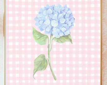 Grandmillennial Hortensie Wand Kunst | Rosa Vichykaro Blumendruck | Adrettes Mädchenzimmer Dekor | Kokette Kinderzimmer Kunst | Druckbar