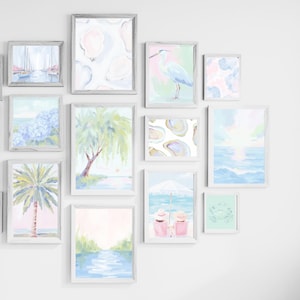 Pastel Beach Wall Art Set – Preppy Coastal Printable Gallery Wall – Grandmillennial Ocean Decor – Pink & Blue Summer Beach House Art image 1