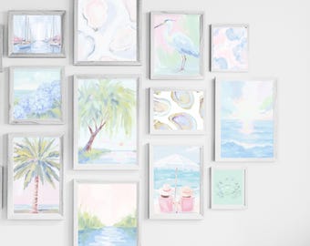 Pastel Beach Wall Art Set – Preppy Coastal Printable Gallery Wall – Grandmillennial Ocean Decor – Pink & Blue Summer Beach House Art