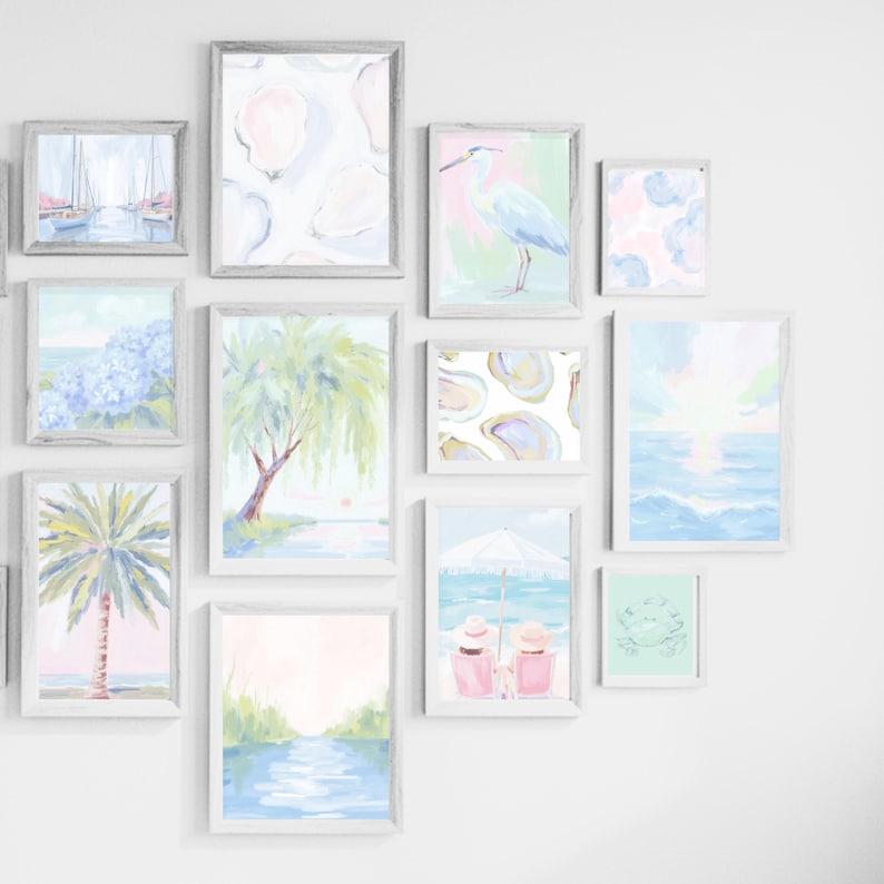 Pastel Beach Wall Art Set – Preppy Coastal Printable Gallery Wall – Grandmillennial Ocean Decor – Pink & Blue Summer Beach House Art image 1
