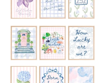 Juego de láminas decorativas para dormitorio universitario de ECU / Juego de 9 láminas imprimibles de estilo preppy en rosa y azul para dormitorio universitario / Decoración para habitación de hermandad Grandmillennial / Regalo de graduación