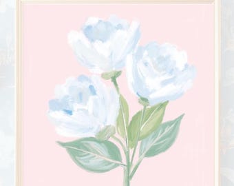 Decoración floral botánica estilo preppy sureño JPG / Decoración azul y rosa con encanto sureño para la generación millennial / Cuadrado floral en tonos pastel para imprimir