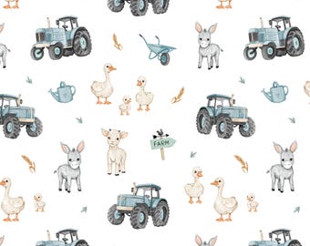 Cotton Fabric Farm Animals - Modern Nursery Decor, Premium Digital Print Kids Cotton, Cute Farm Pattern, Baby Fabric 155cm 61" Wide
