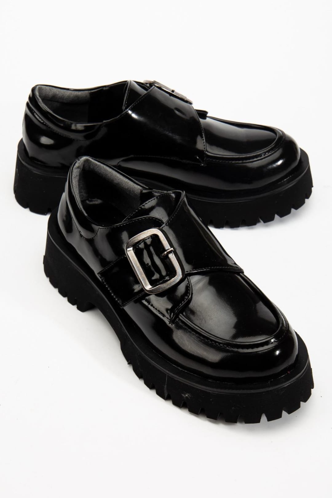 Black Patent Leather Loafers With Chunky Sole and Buckle Detail Stylish ...
