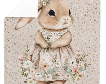 Large Garden Bunny Fabric Panel, Retro Floral Woodland Animal Country - Quilting Crafts Decor - 100% Cotton - 30" x 40" (75 x 100 cm)