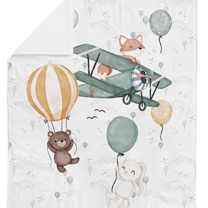 Large Sky Animals Fabric Panel, Kawaii Woodland Bear Fox Bunny Pilot Plane - Quilting Crafts Decor - 100% Cotton - 30&quot; x 40&quot; (75 x 100 cm)
