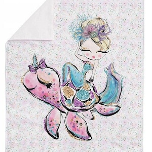 Large Mermaid Fabric Panel, Under the Sea Turtle Ocean Beach Coastal - Quilting Crafts & Decor - 100% Cotton - 30&quot; x 40&quot; (75 x 100 cm)