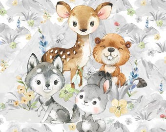 Wildwood Bloom Friends Fabric Panel, Woodland Animals Wildlife Kawaii - Clothes, Crafts & Decor - French Terry - 16" x 20" (40 x 50 cm)